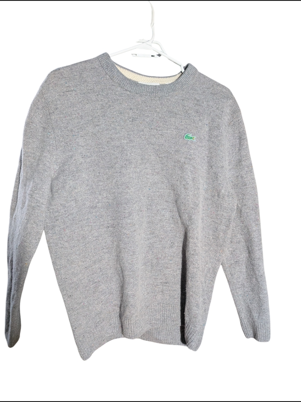 Lacoste Crewneck Sweater in Heather Gray with Green Croc 100% Wool